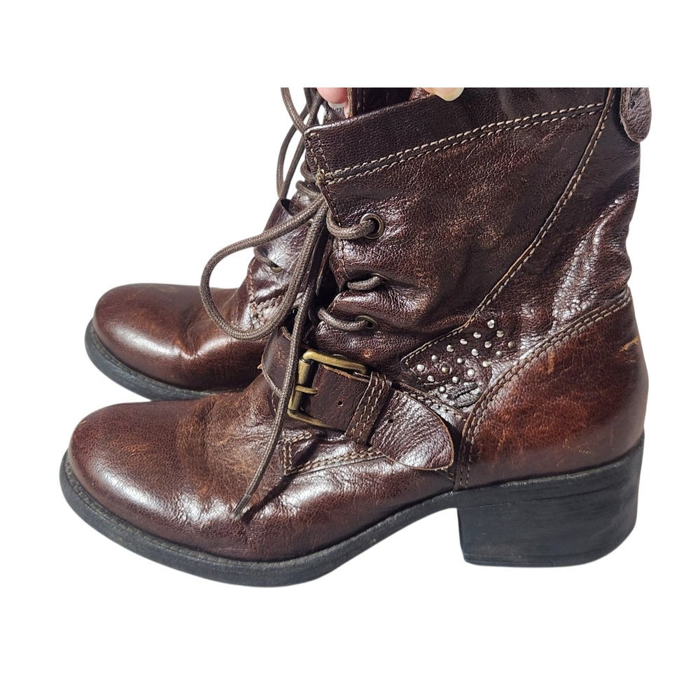 Mjus Combat Boots Womens 39 Brown Leather Lace Up Zip Buckle Handmade Italy